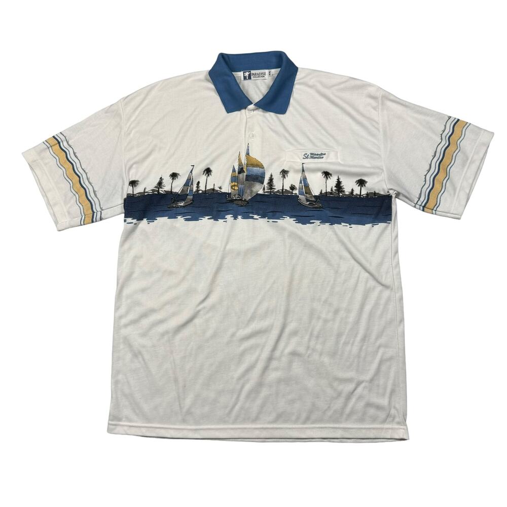 Polo Men's XXL‎ Vintage Beach Vacation Blue White Striped Ocean Island Zone